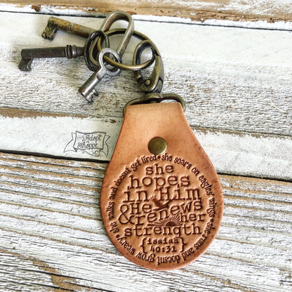 she hopes in Him and He renews her strength (Isaiah 40:31) leather key fob ring (camel/natural)