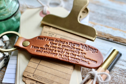 I am doing a NEW THING (Isaiah 43:19) leather keyring (camel/natural)
