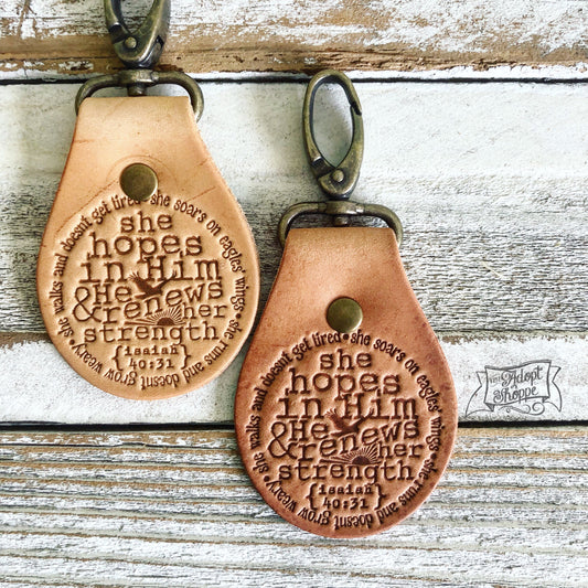 she hopes in Him and He renews her strength (Isaiah 40:31) leather key fob ring (camel/natural)