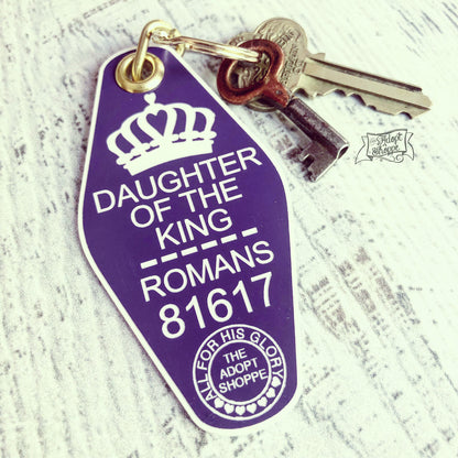 daughter of the King purple retro motel key tag fob