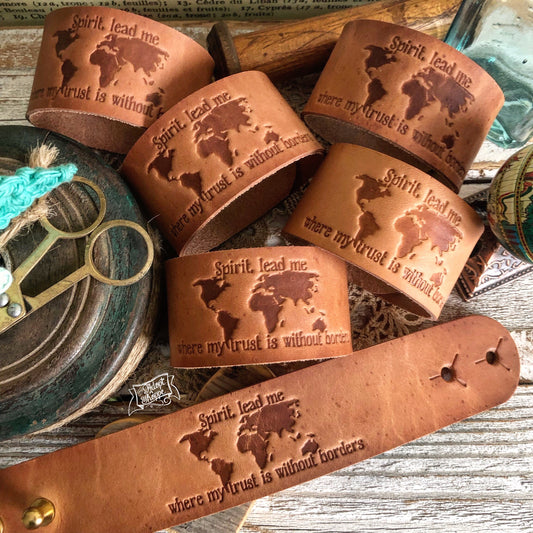 Spirit, lead me where my trust is without borders (Hillsong oceans) (camel/natural) leather cuff