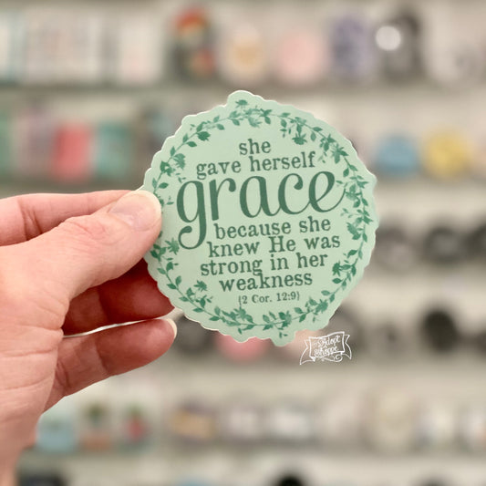 she gave herself grace (2 Corinthians 12:9) mint green vinyl sticker
