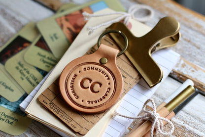 CLASSICAL CONVERSATIONS • CLASSICAL • CHRISTIAN • COMMUNITY • CC  leather keyring (camel/natural)