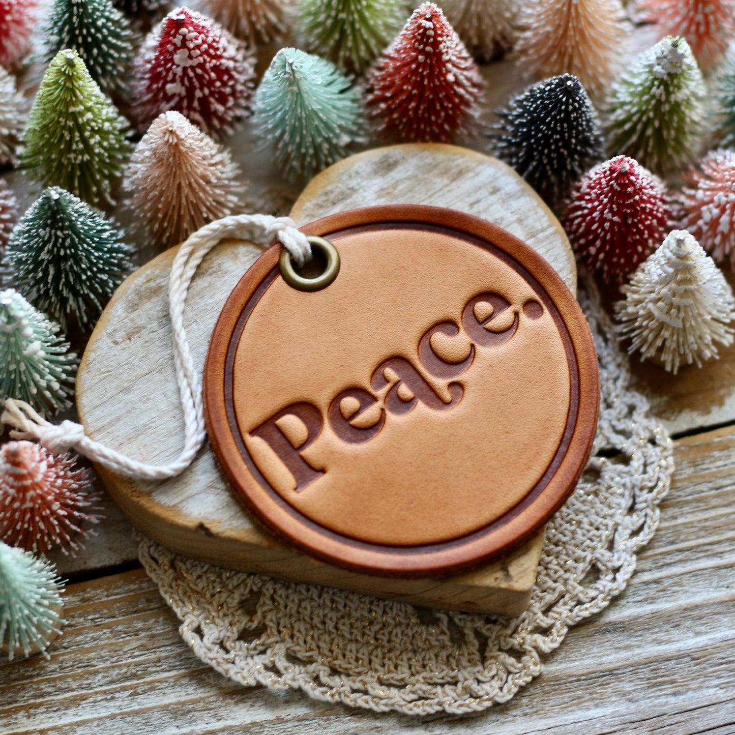 leather hand-stamped ornament - Peace