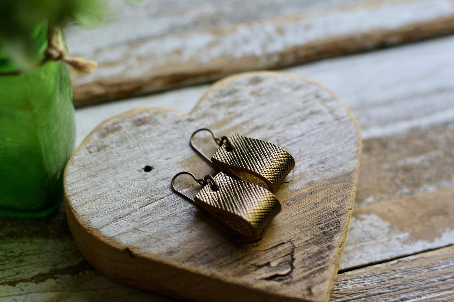 simple loop genuine leather earrings in metallic bronze crosshatch