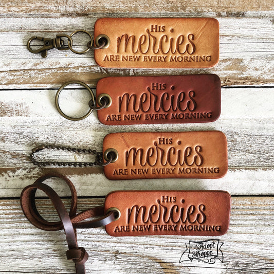 His mercies are new every morning (camel/natural) leather tag