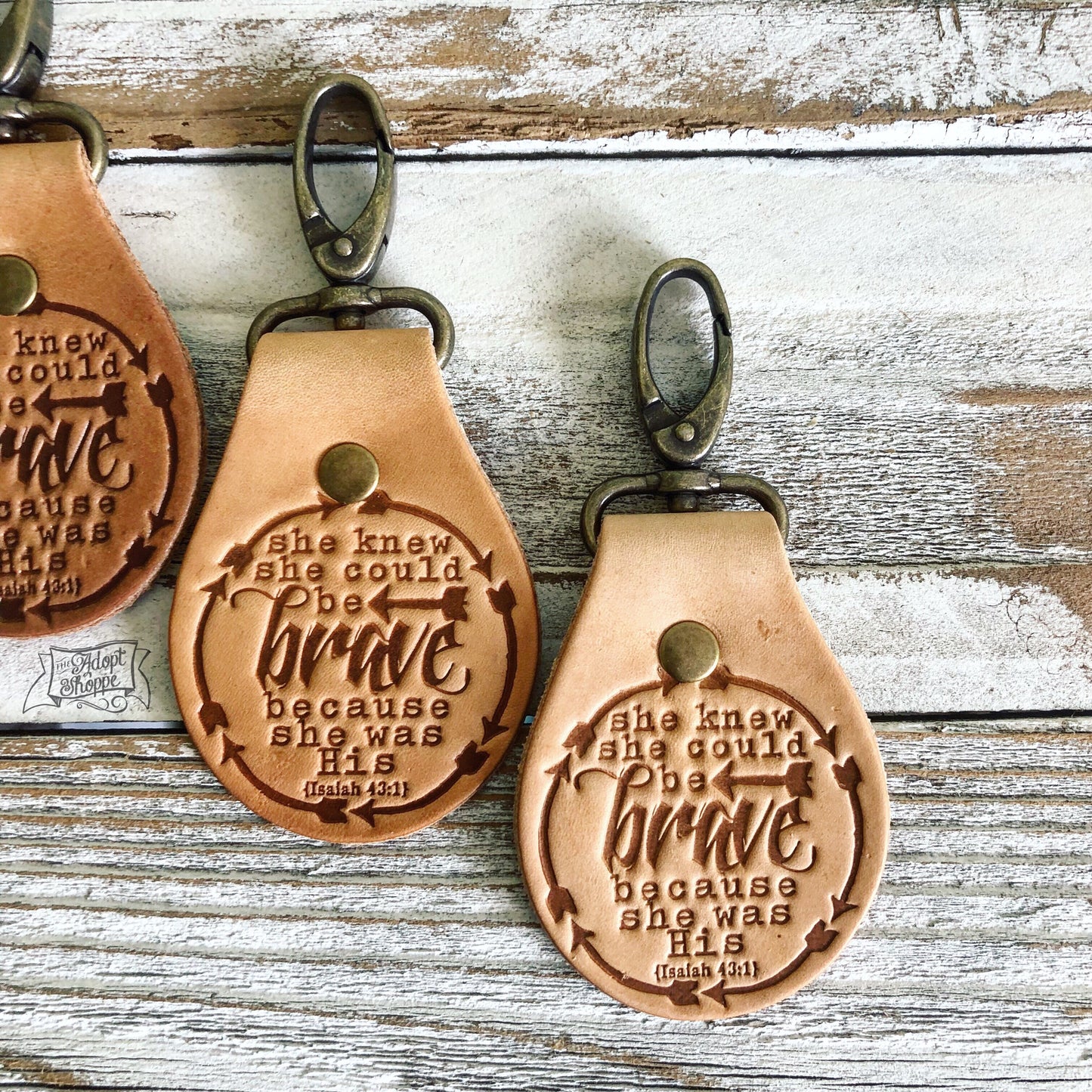 she knew she could be brave because she was His (Isaiah 43:1) leather key fob ring (camel/natural)