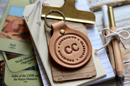 CLASSICAL CONVERSATIONS • CLASSICAL • CHRISTIAN • COMMUNITY • CC  leather keyring (camel/natural)