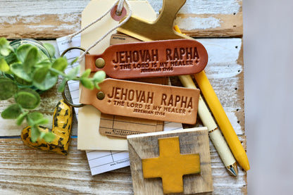 Jehovah Rapha - the Lord is my healer {Jeremiah 17:14} leather keyring (camel/natural)