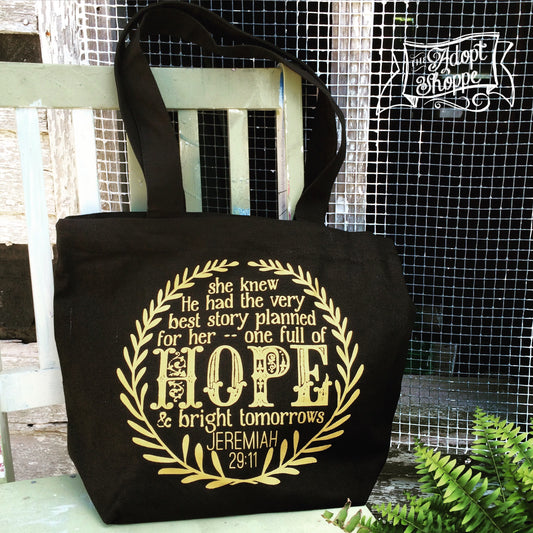 hope and a future Jeremiah 29:11 gold foil black fair trade tote bag